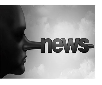 Image of a nose growing longer with words news on the end (fake news)