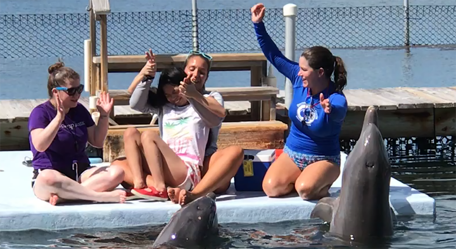 A young woman sitting with 2 dolphin trainers receiving assisted animal therapy from the Dolphin Research Center in the Florida Keys.